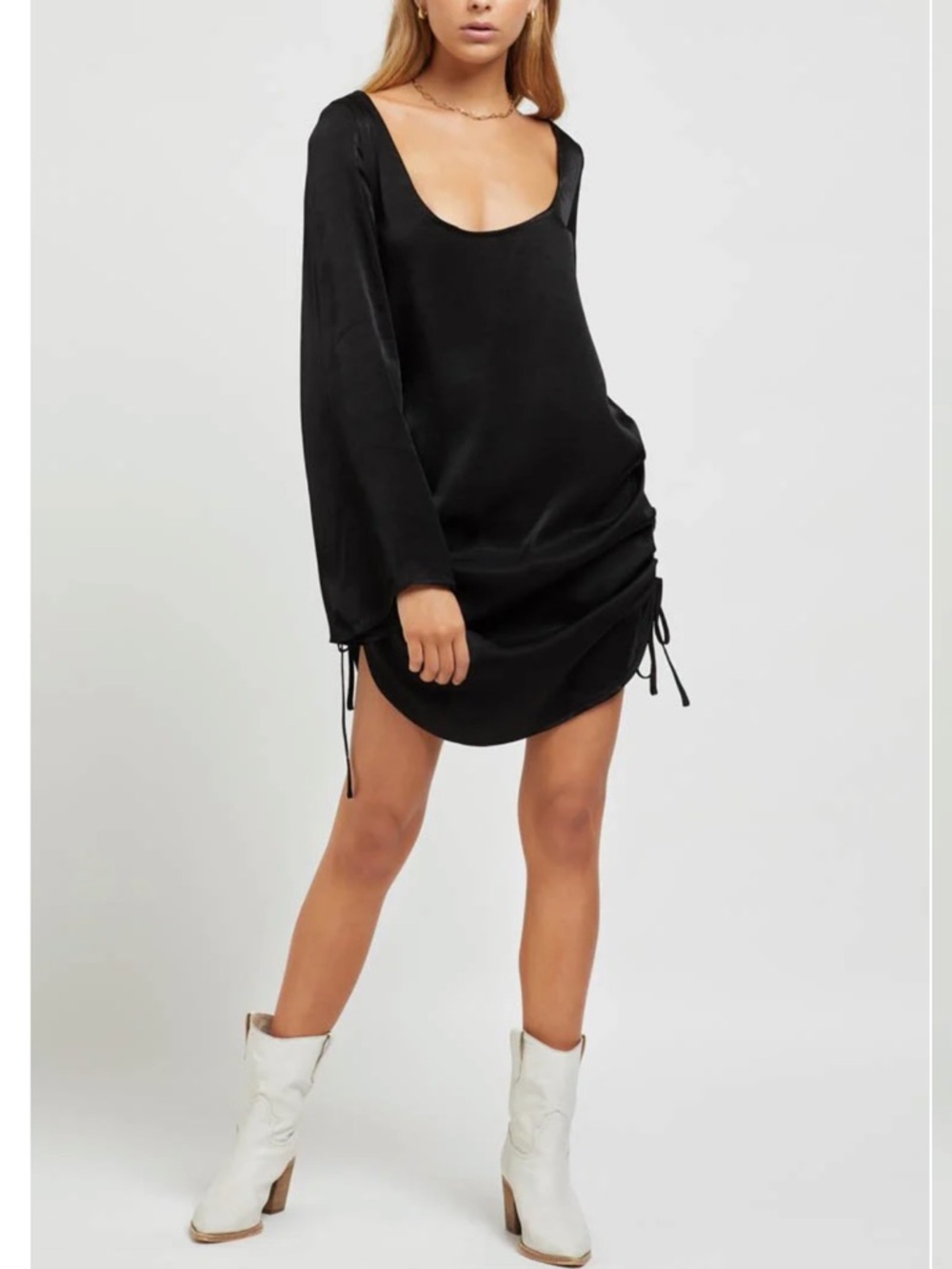 SNDYS ROSALIE DRESS Black Satin Long Sleeve Mini Dress